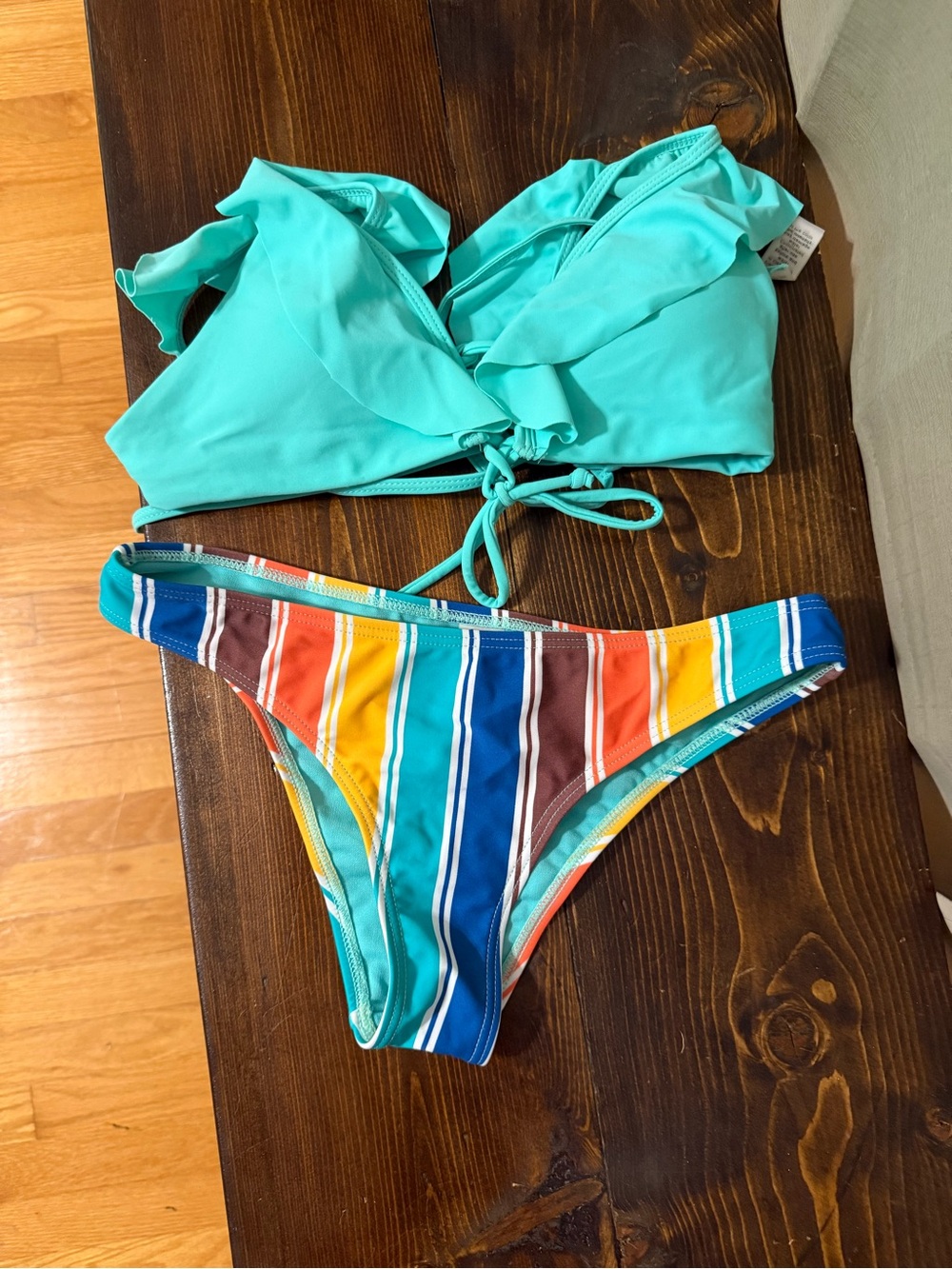 Turquoise Ruffle Bikini Top with Multi-Color Striped Bottom